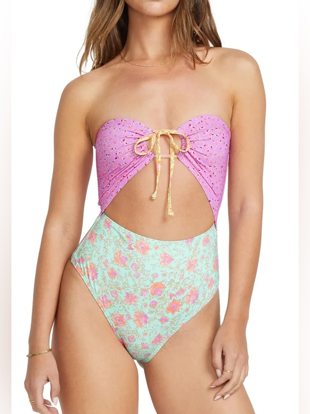 NWT Billabong Folk Story One-Piece Swimsuit floral print tie-front cutout design
